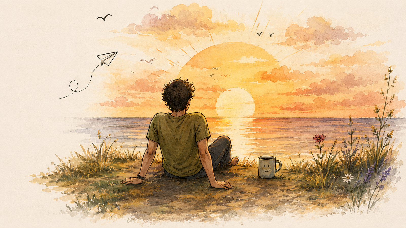Person sitting peacefully at sunset